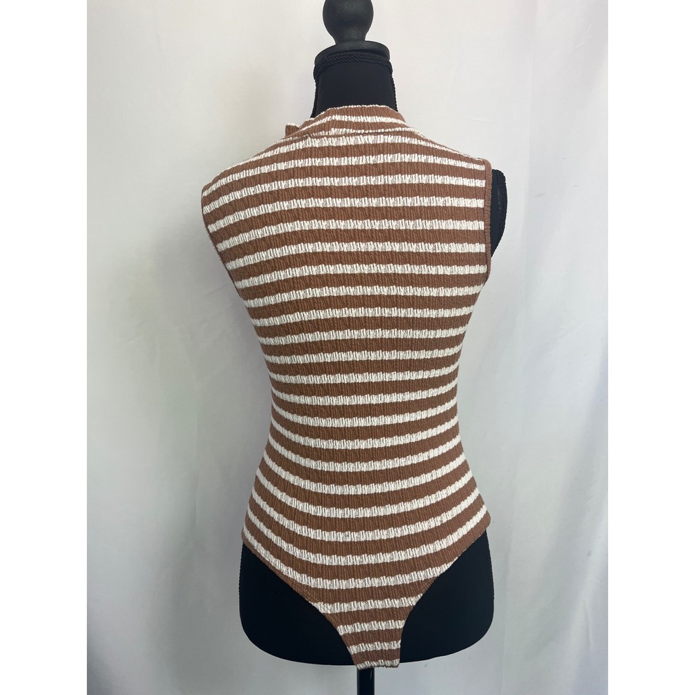 Urban Rose Brown White Striped Smocked Cutout Mock Neck Bodysuit Small 10891 - Picture 4 of 16